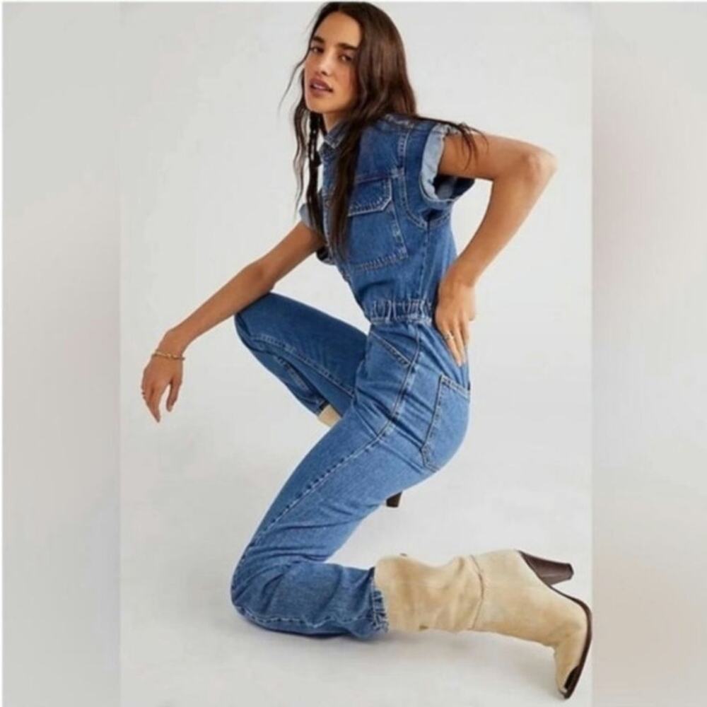 Free People Marci Denim Jumpsuit Short Sleeve Size XS